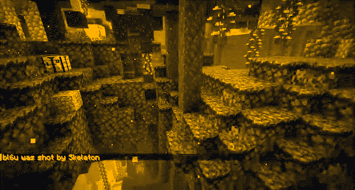 Dithered CCTV still: cratered spawn ruins on the eternel.eu Minecraft anarchy server